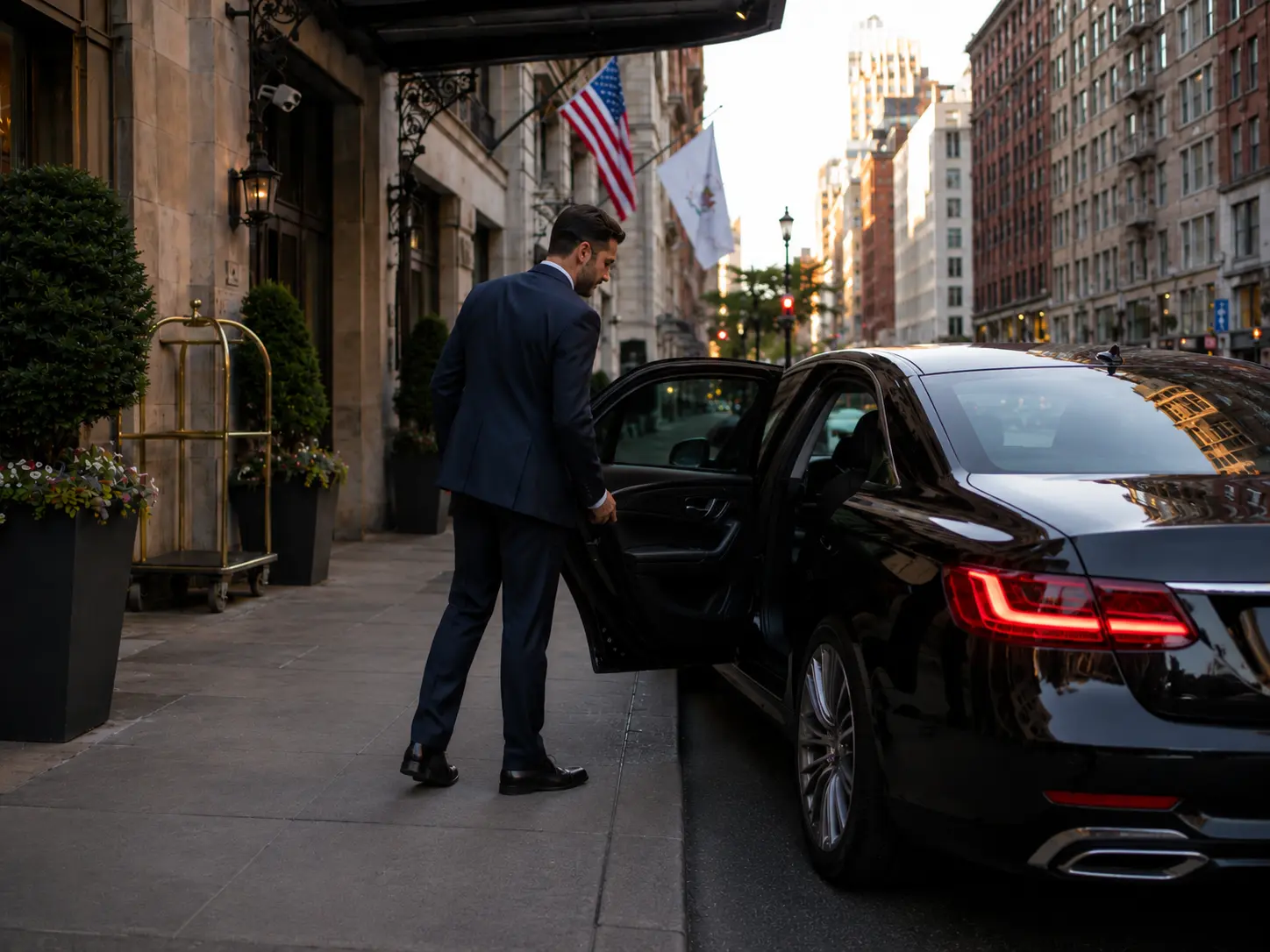 Professional chauffeur opening a black luxury sedan for a traveler in Boston